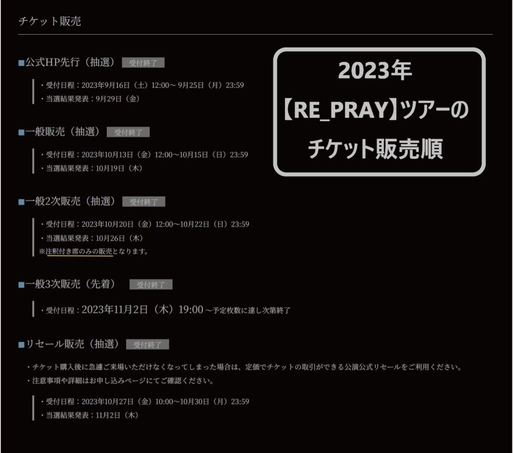 2023年「RE_PRAY」ツアー　埼玉公演のチケット販売スケジュール 公式サイトから引用